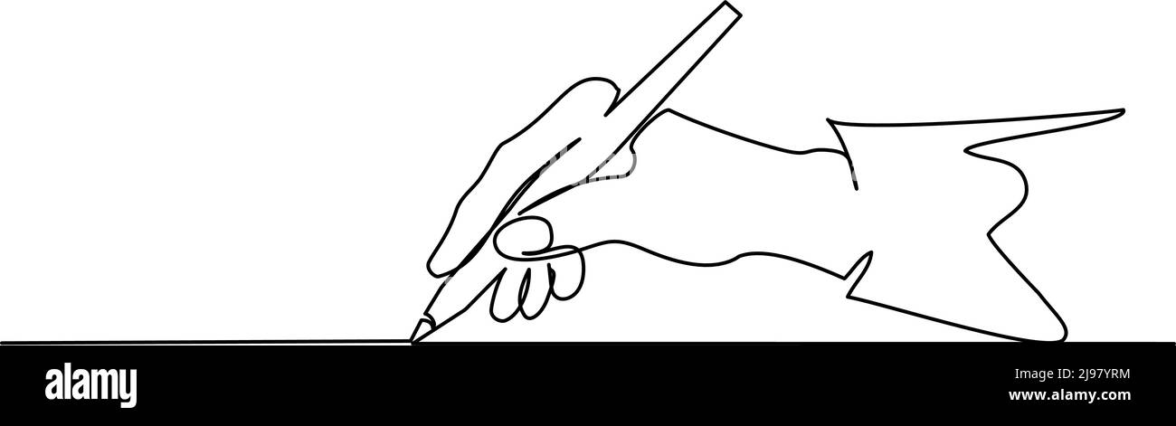 Hand hält Stift, Bleistift und Schrift. Fortlaufende einzeilige Zeichnung. Vektordarstellung auf weißem Hintergrund isoliert Stock Vektor
