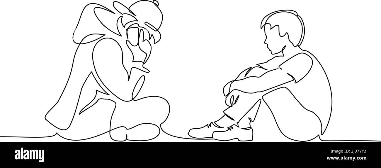 Zwei junge Teenager sitzen zusammen und einer telefoniert. Fortlaufende einzeilige Zeichnung. Vektorgrafik Stock Vektor