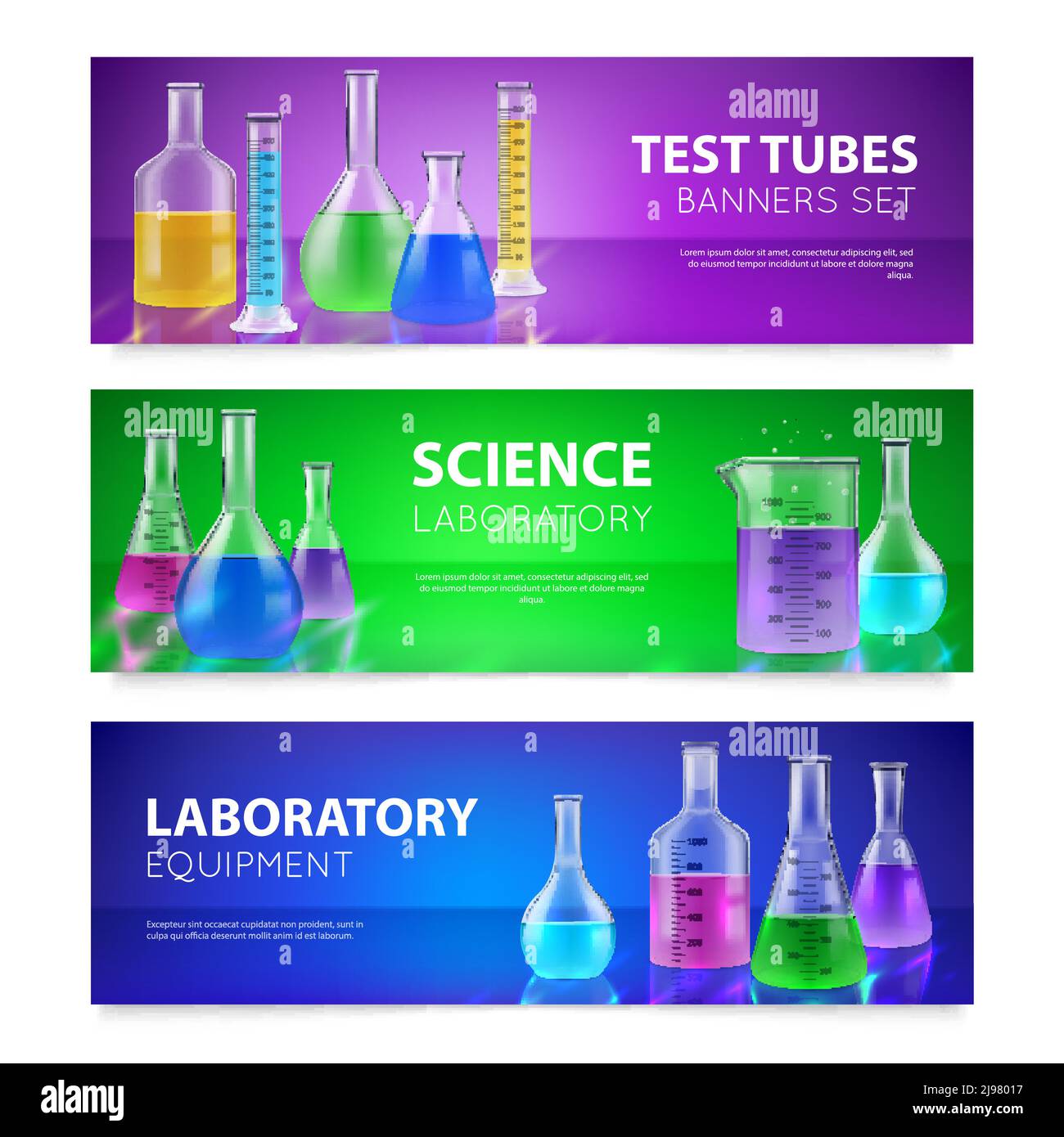 Realistische Reagenzgläser retorts wissenschaftlichen chemischen Labor Glasgeräte 3 horizontal Bunte Banner setzen isolierte Vektor-Illustration Stock Vektor