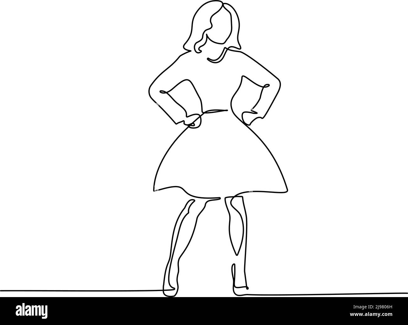 Schlankes Mädchen im Kleid stehen. Fortlaufende einzeilige Zeichnung. Vektorgrafik Stock Vektor