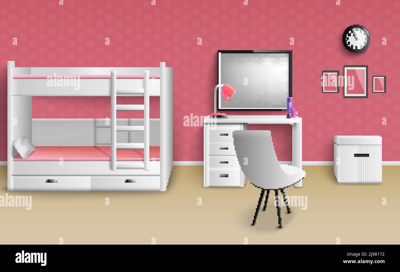 Teen Mädchen Zimmer Innenraum realistisches Bild mit Möbeln Lampe Uhr Etagenbett Schreibtisch Whiteboard Stuhl Vektor Illustration Stock Vektor
