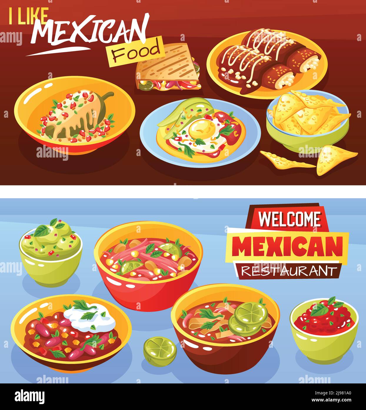 Mexikanisches Restaurant Werbung 2 realistische horizontale Banner mit Guacamole Quesadilla Hot Chili Saus isoliert Vektor Illustration Stock Vektor