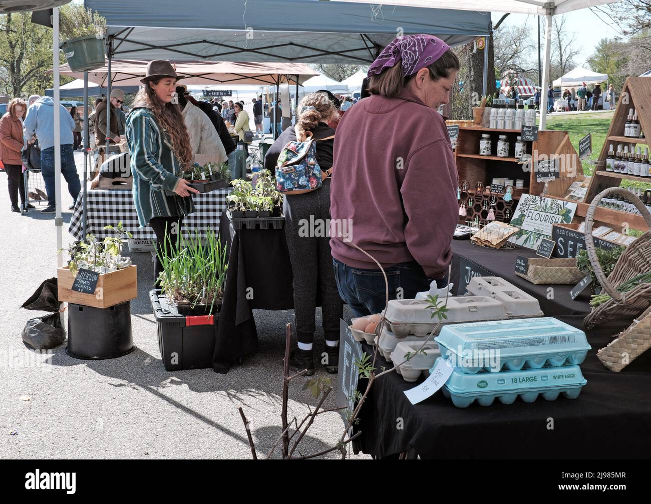 Eine Verkäuferin beobachtet, wie zwei Frauen die Waren während des Tower Grove Farmer's Market am 16. April 2022 in St. Louis, MO, USA, zum Verkauf durchsehen. Stockfoto