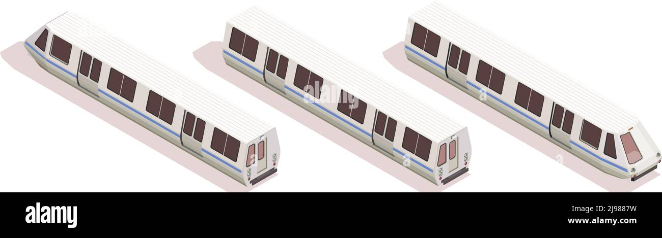 Transport isometrische Zusammensetzung mit drei U-Bahn-Züge isoliert auf weiß Hintergrund 3D Vektorgrafik Stock Vektor