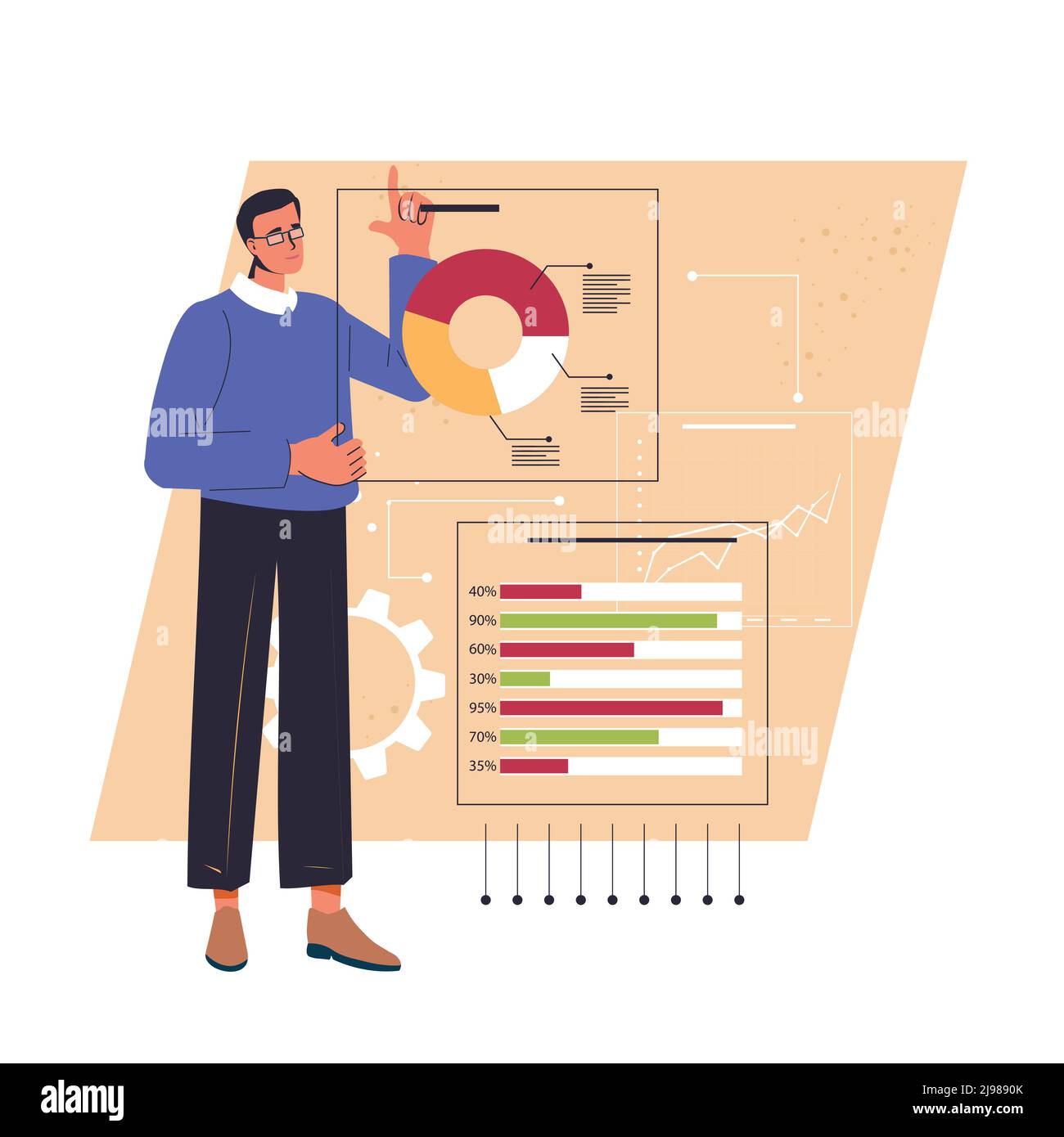 Mann mit logischem, analytischem, strategischem, strukturellem Denken. Verschiedene Arten von Geisteshaltung. Geistesverhalten, geistige Wahrnehmung, psychologisches Konzept. Farbige flache Vektorgrafik isoliert auf Weiß. Stock Vektor