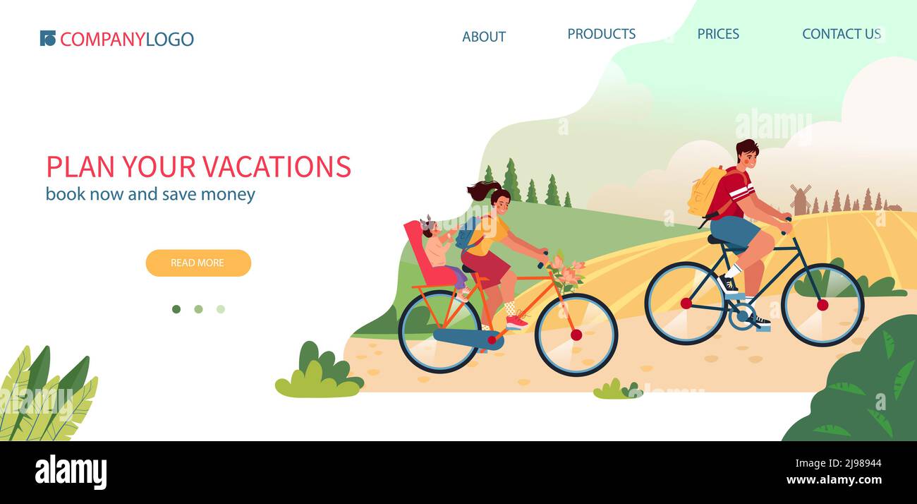 Genießen Sie Radfahren und Reisen Landing Page Vorlage. Panorama Sommerlandschaft mit glücklichen Familie Reiten Fahrräder Vektor-Illustration. Vorlage für Browser und Mobiltelefon mit Ort für Text. Stock Vektor