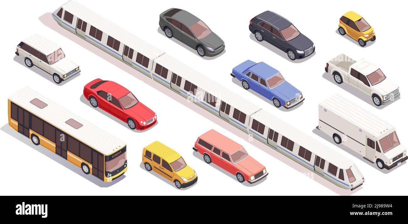 Transport isometrische Symbole mit Bus Auto Zug van isoliert gesetzt Auf weißem Hintergrund 3D Vektorgrafik Stock Vektor