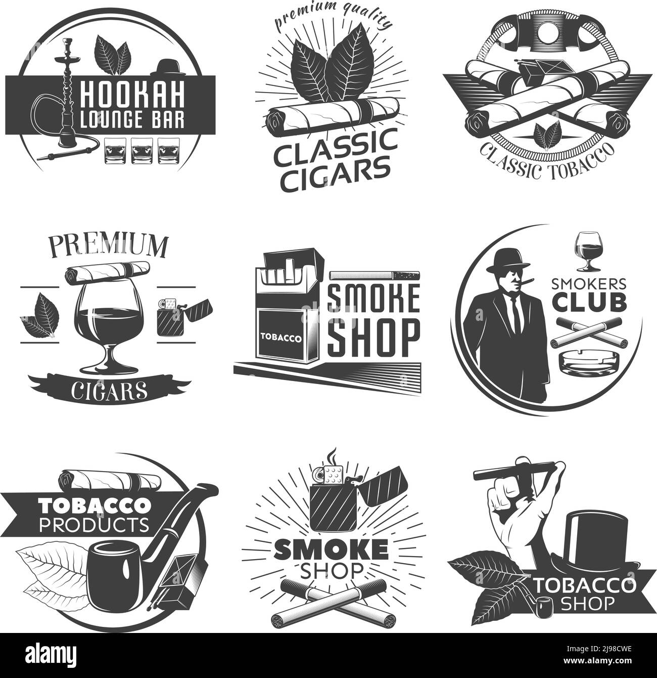 Raucherset mit Tabaketiketten und Beschreibungen der Shisha Lounge Bar Klassische Zigarren klassischen Tabak Rauch Shop Vektor Illustration Stock Vektor