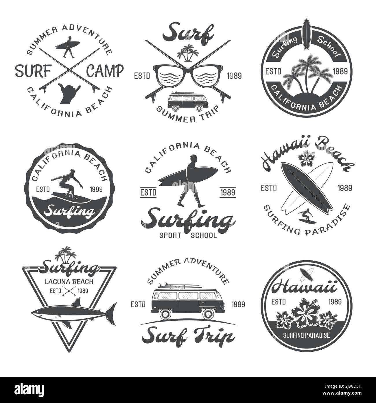 Surfen Emblem mit Beschreibungen der Sommer Abenteuer California Beach gesetzt Surf Camp Surf Sommerausflug zum Beispiel Vektor-Illustration Stock Vektor