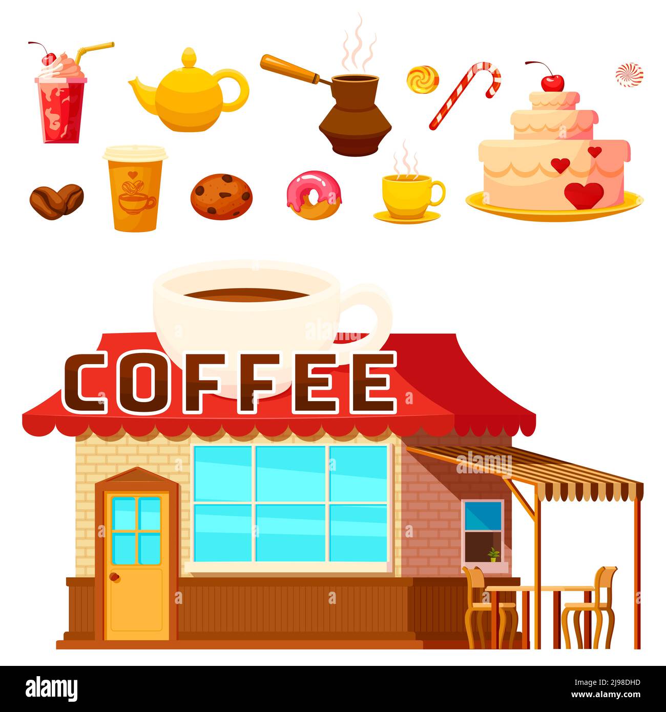 Isolierte Coffee Shop Haus Bild und Menüpunkte Cartoon-Symbole Set mit Süßigkeiten Getränke und Kuchen Vektor-Illustration Stock Vektor