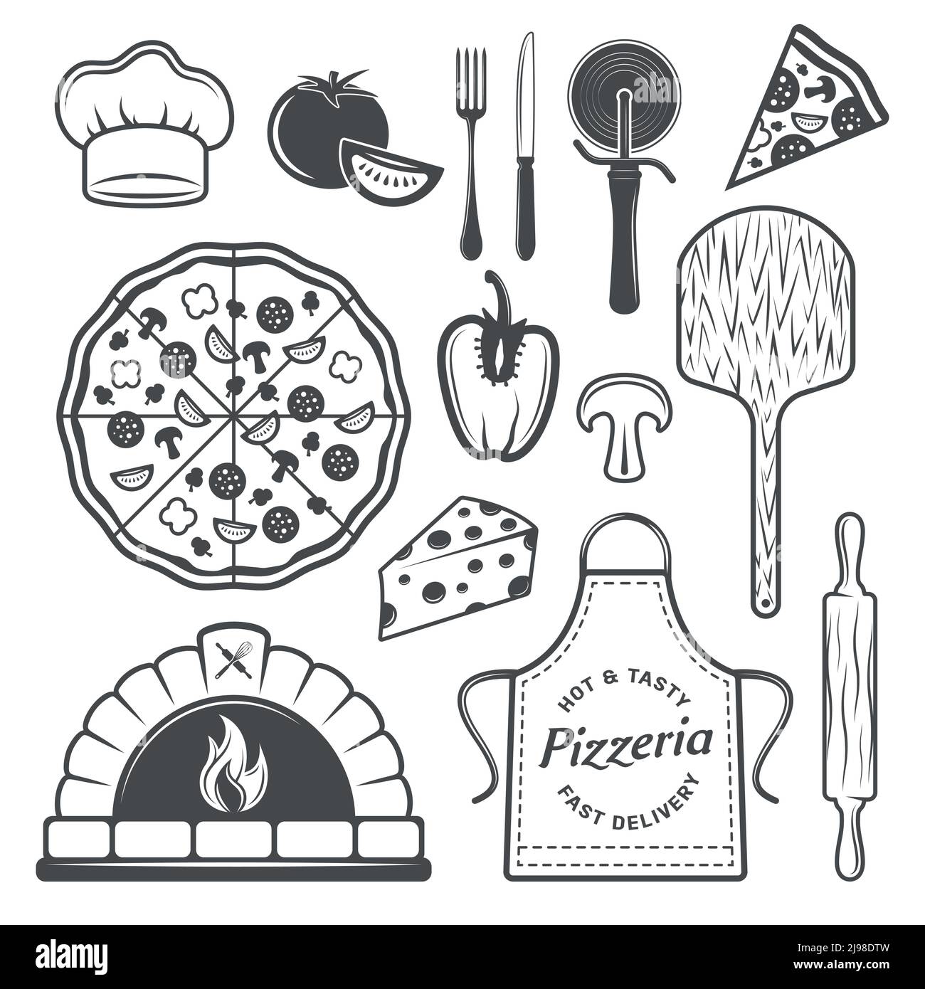 Pizzeria monochrome Elemente Set mit gekochtem Produkt und Gemüse Uniform Von Koch kulinarischen Utensilien isoliert Vektor-Illustration Stock Vektor