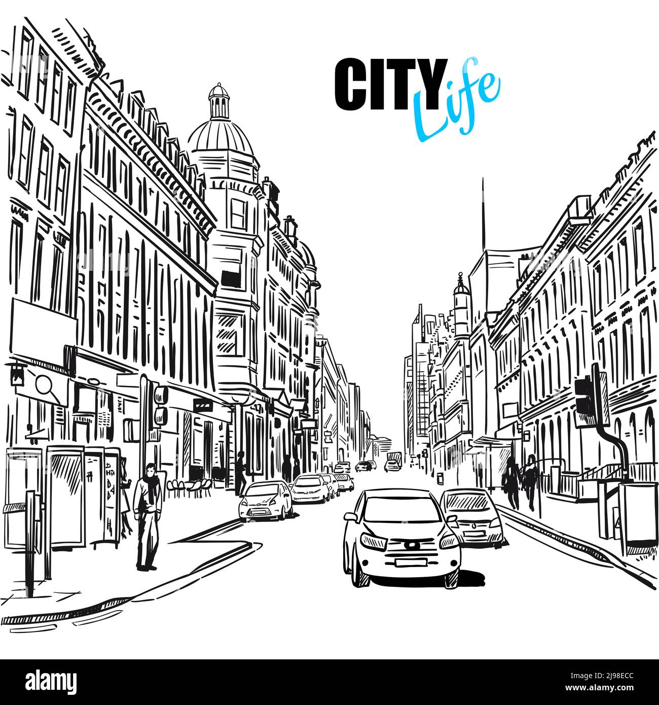 Schwarz-weiß Skizze Stadt Straße mit Blick auf die Straße Autos Und Gebäudevektordarstellung Stock Vektor