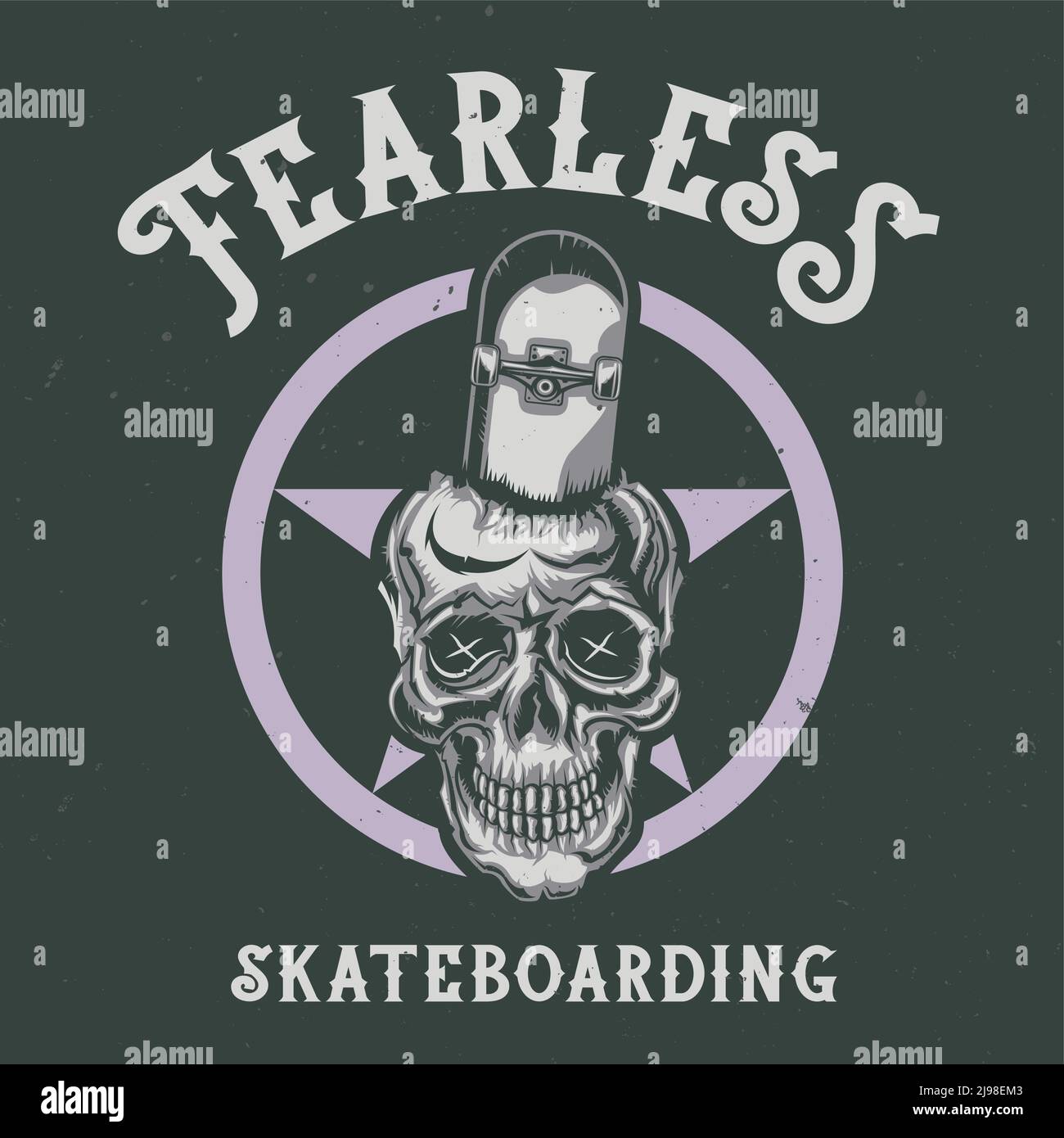 T-Shirt oder Poster Design mit Illustrationen von Totenkopf mit Skateboard Stock Vektor