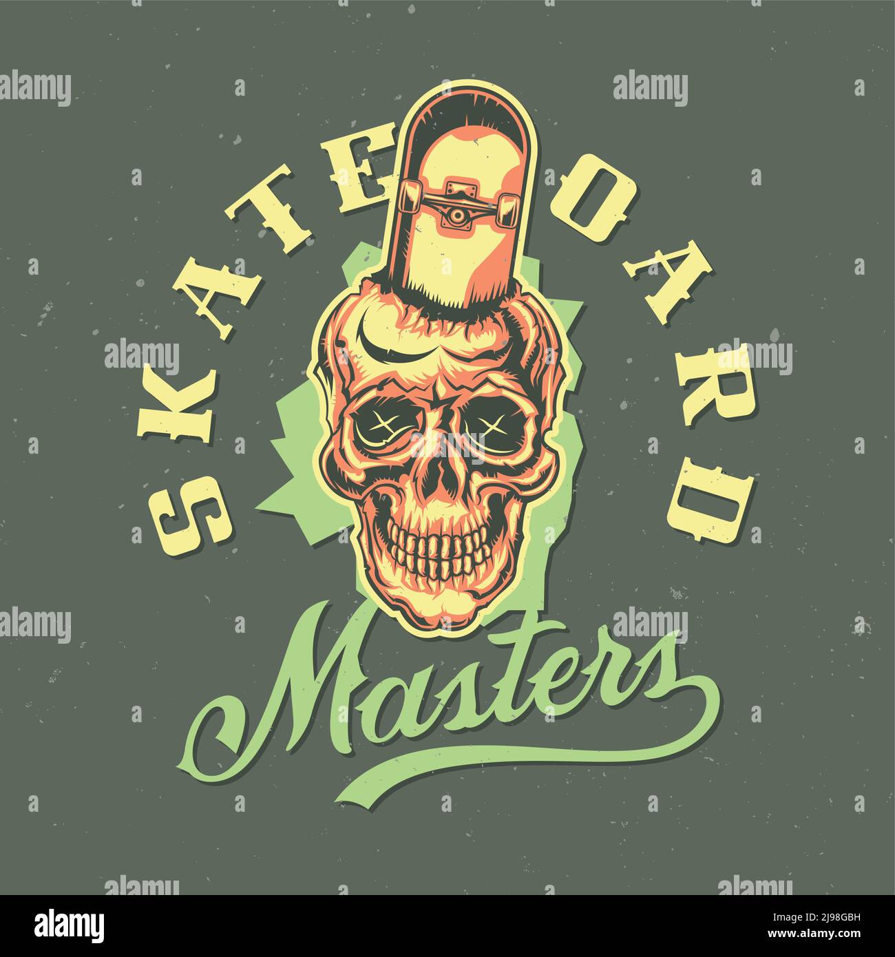 T-Shirt oder Poster Design mit Illustrationen von Totenkopf mit Skateboard Stock Vektor