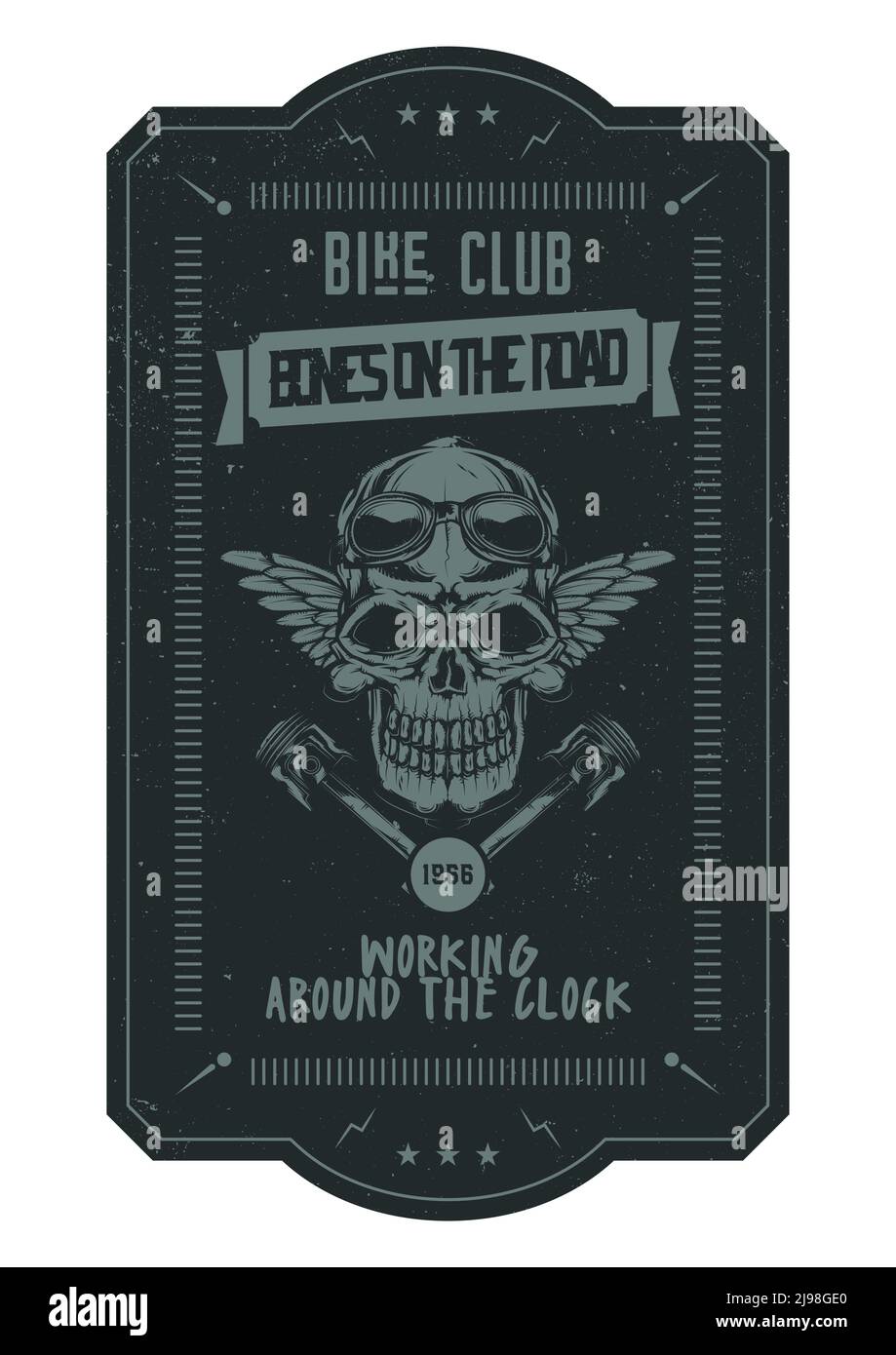 T-Shirt oder Poster Design mit Illustration von Totenkopf mit Helm. Stock Vektor