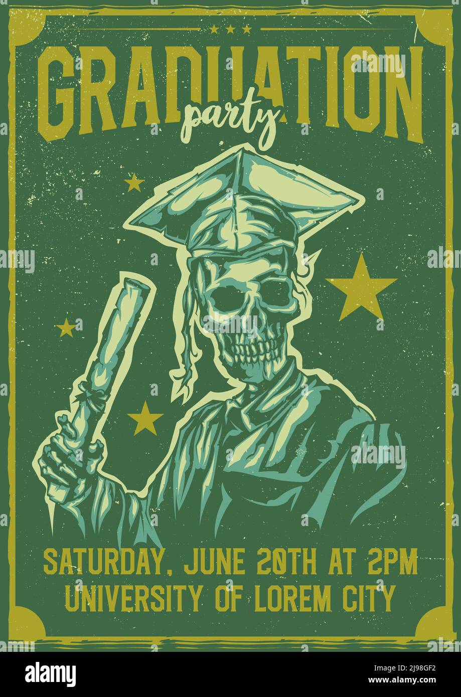 T-Shirt oder Poster-Design mit Illustration der Graduierung von Skelett Stock Vektor
