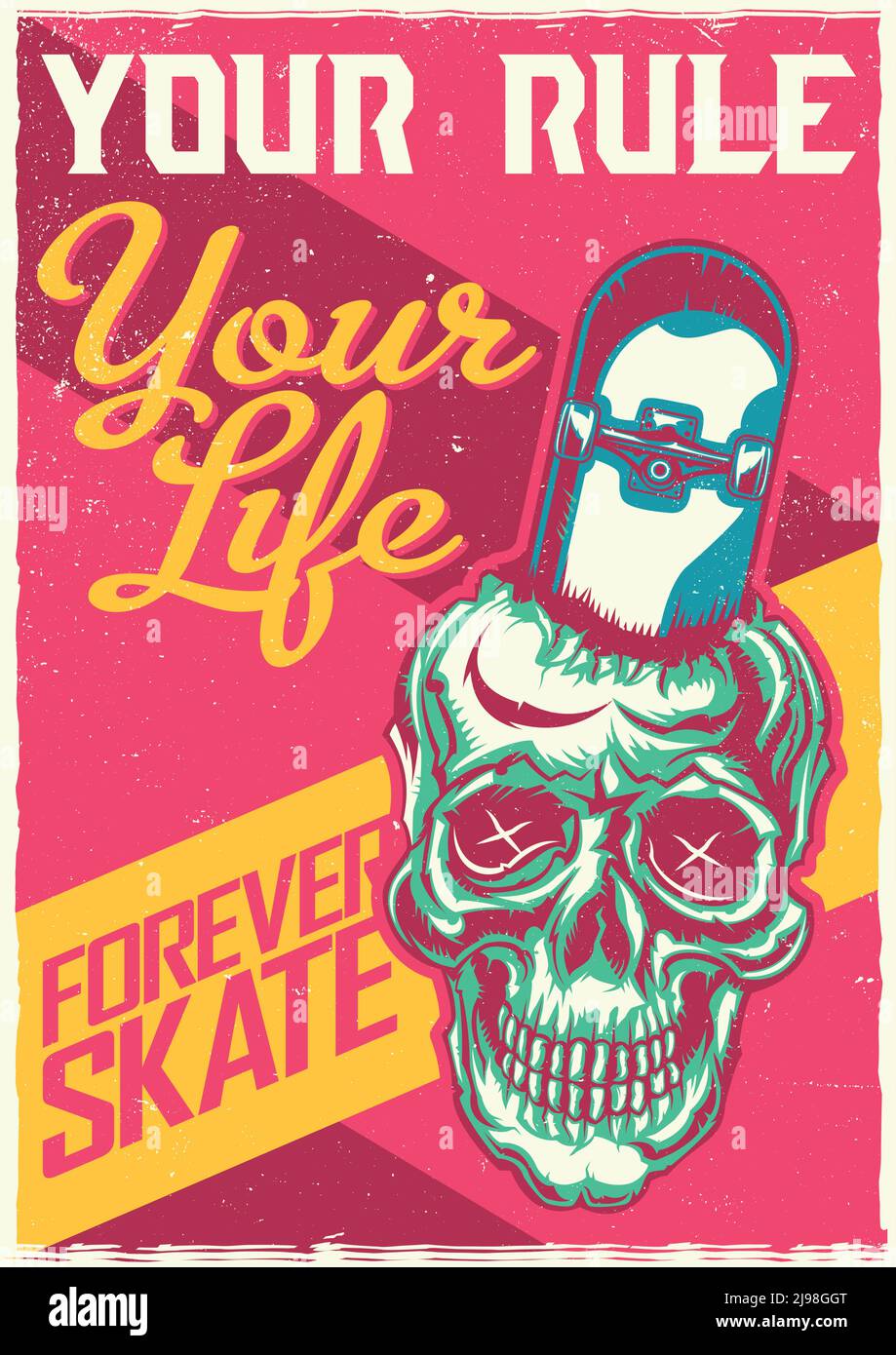 T-Shirt oder Poster Design mit Illustrationen von Totenkopf mit Skateboard Stock Vektor