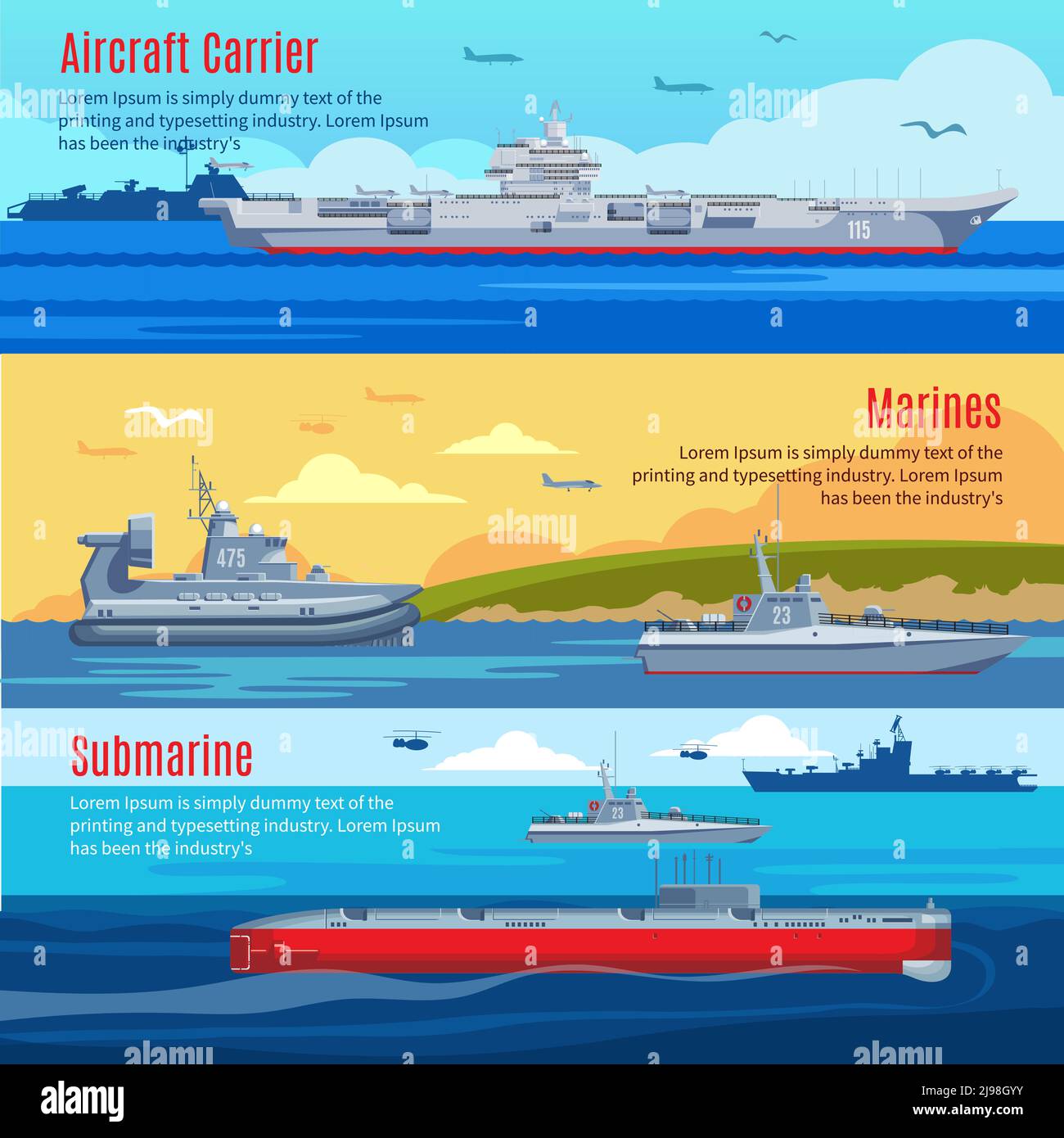 Militärische Flotte horizontale Banner mit Marine-Marinekampf Krieg und Battle Ships Vektorgrafik Stock Vektor