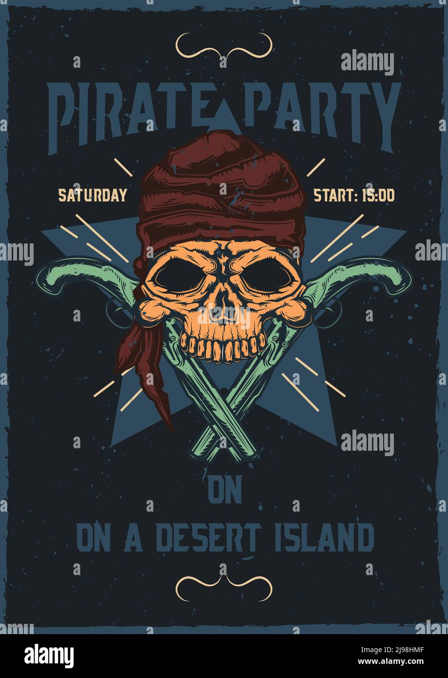 T-Shirt oder Poster Design mit Illustrationen von Pirat Schädel mit Pistolen. Stock Vektor