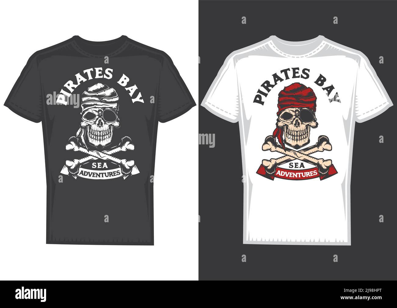 T-Shirt-Design auf 2 T-Shirts mit Plakaten von Raubkopien mit Knochen. Stock Vektor