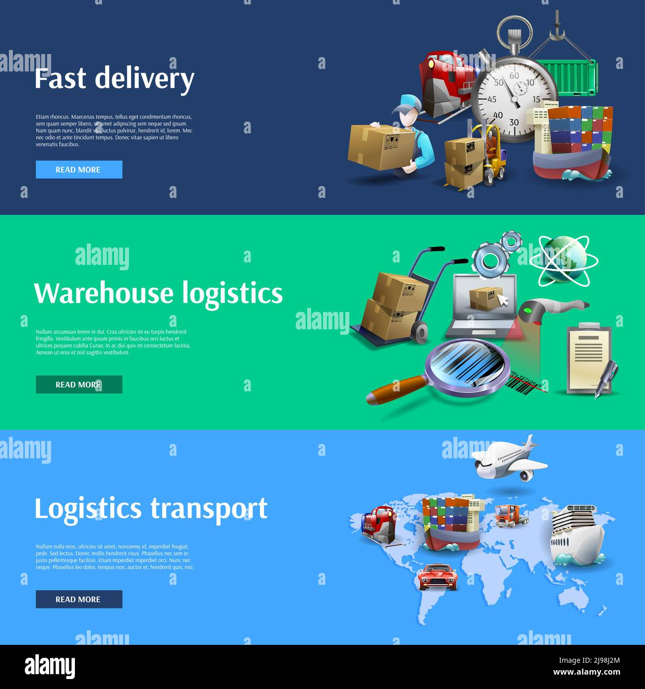 Transport und Logistik horizontale Banner mit schneller Lieferung Cartoon gesetzt Isolierte Vektordarstellung Stock Vektor