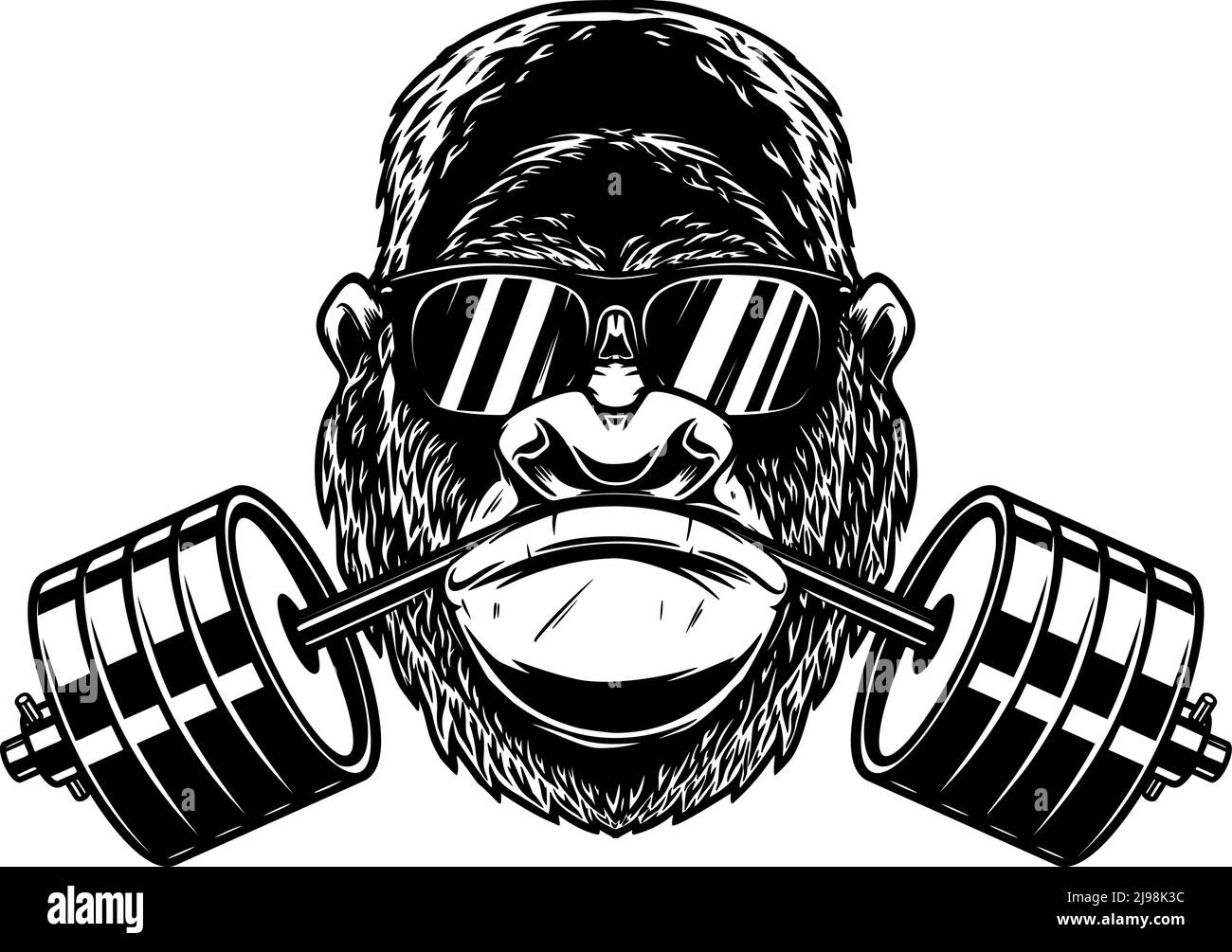 Gorilla mit Hantel im Mund. Gestaltungselement für Logo, Emblem, Schild, Poster, T-Shirt. Vektorgrafik Stock Vektor
