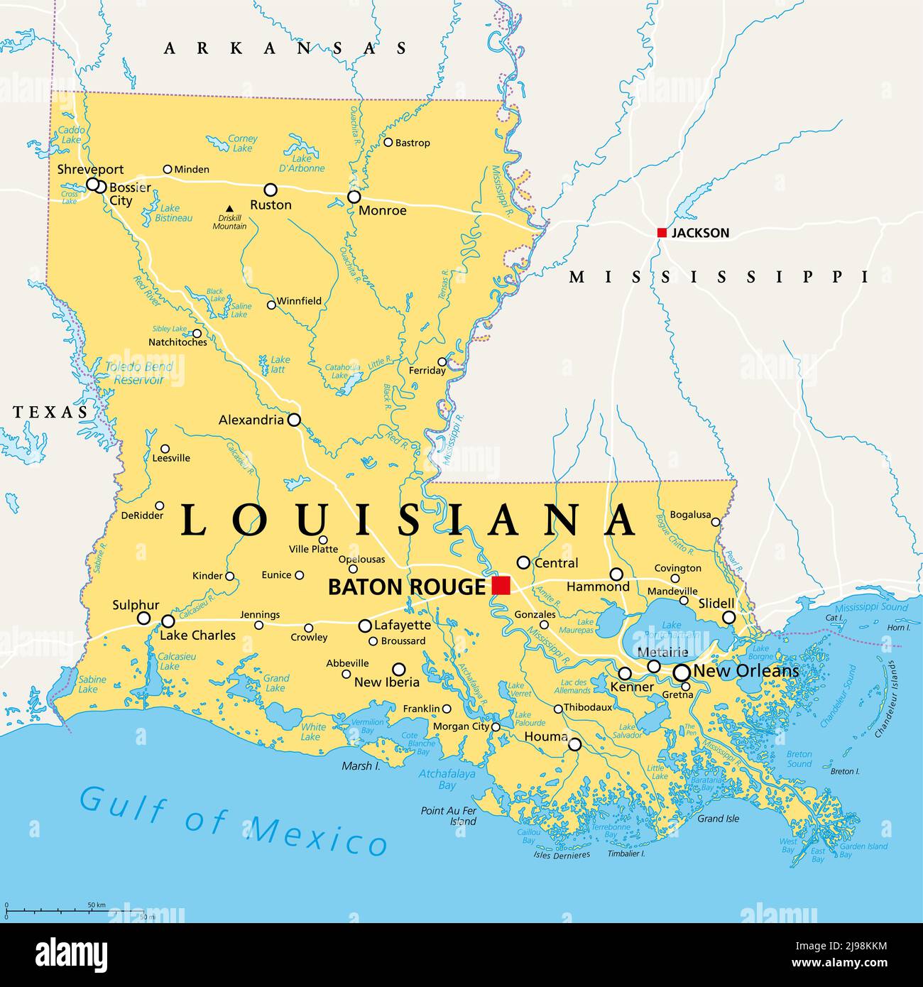 Louisiana, LA, politische Landkarte, mit der Hauptstadt Baton Rouge und dem Stadtgebiet New Orleans. Staat in den Regionen Deep South und South Central der USA. Stockfoto