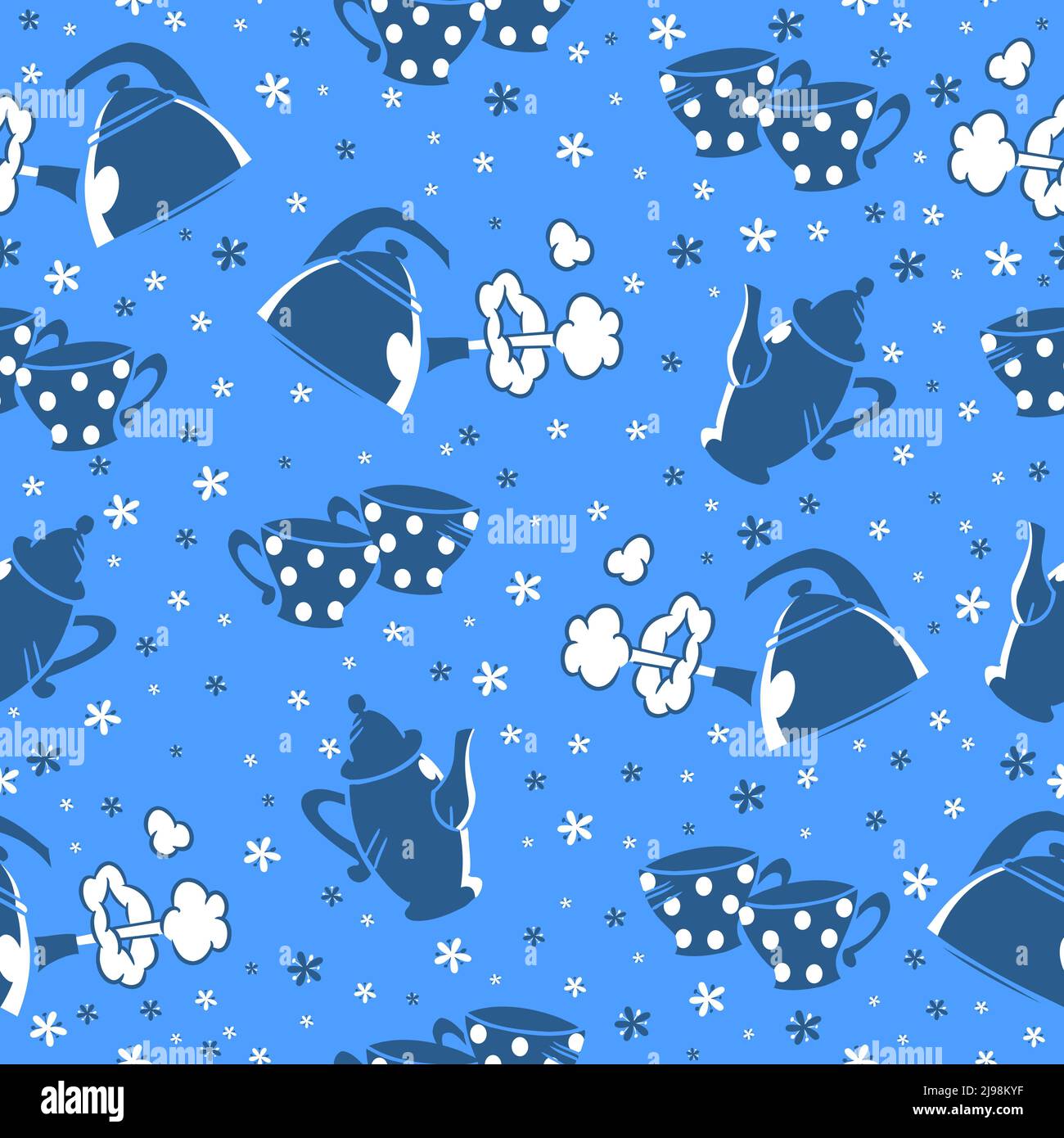 Tee-Party Hintergrund Design. Nahtlose Teatime-Muster. Vektorgrafik mit Teekannen, Tassen Stock Vektor