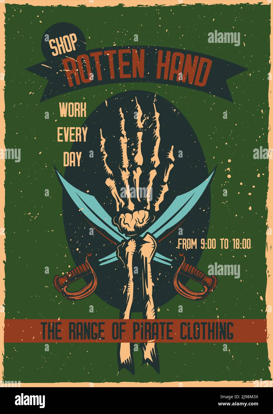 T-Shirt oder Poster Design mit Illustration einer Hand mit Schwertern. Stock Vektor