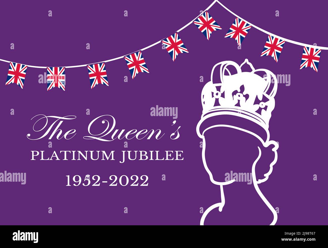 Die Queens Platinum Jubilee Feier Poster Hintergrund mit Silhouette von Königin Elizabeth. Vektorgrafik für Ihre Majestät die Königin über ihre 70 Jahre Dienst von 1952 bis 2022 Stock Vektor