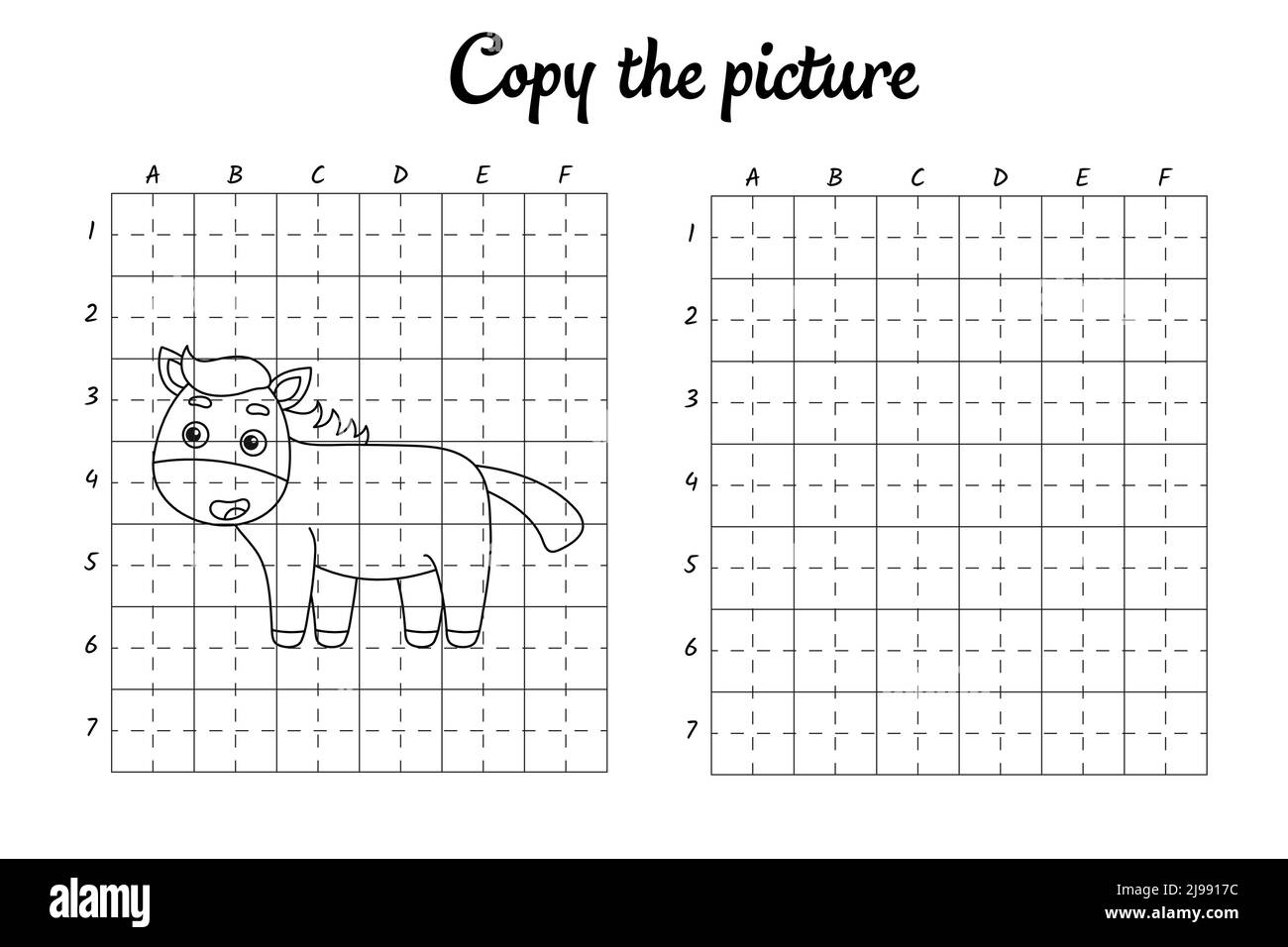 Kopieren Sie das Bild. Zeichnen durch Raster. Malbuch-Seiten für Kinder. Handschrift üben, Zeichnen Fähigkeiten Training. Bildung Entwicklung druckbarer Arbeitsblätter. Stock Vektor