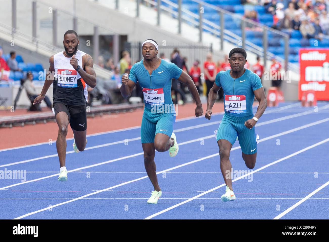 Birmingham, England. 21.. Mai 2022. Jeremiah Azu (GBR) während der Herren 100m der Müller Diamond League Leichtathletik-Veranstaltung im Alexander Stadium in Birmingham, England. Die Diamond League ist eine jährliche Serie von Elite-Leichtathletik-Wettbewerben, die vierzehn der besten eingeladenen Leichtathletik-Treffen umfasst. Kredit: Sporting Pics / Alamy Live Nachrichten Stockfoto