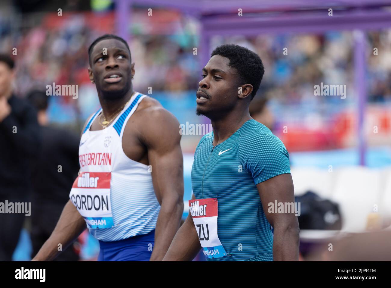 Birmingham, England. 21.. Mai 2022. Jeremiah Azu (GBR) während der Herren 100m der Müller Diamond League Leichtathletik-Veranstaltung im Alexander Stadium in Birmingham, England. Die Diamond League ist eine jährliche Serie von Elite-Leichtathletik-Wettbewerben, die vierzehn der besten eingeladenen Leichtathletik-Treffen umfasst. Kredit: Sporting Pics / Alamy Live Nachrichten Stockfoto