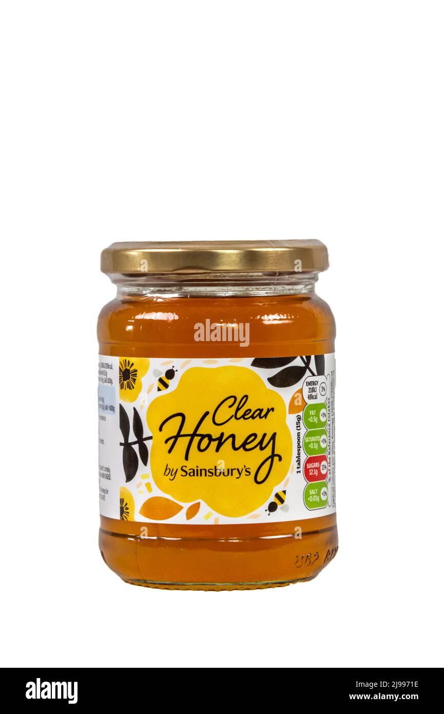 Ein Glas von Sainsbury's klarem Honig. Stockfoto