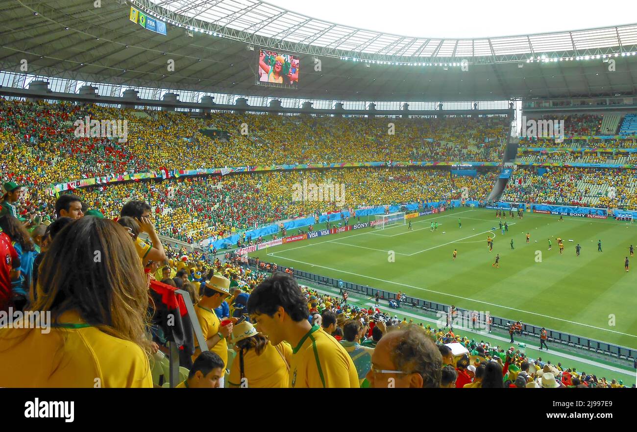 Fußballfans im Stadion, die am 2014. Juli das Fußballspiel zwischen Brasilien und Mexiko in Fortaleza, Brasilien, beobachten Stockfoto