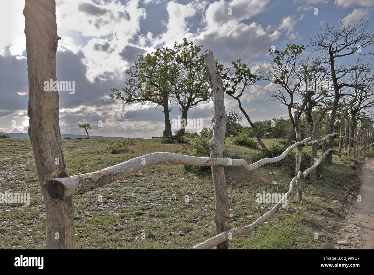 Lineare Perspektive eines rustikalen Zauns, dahinter wachsen Bäume. Ländliche Landschaft mit einem Zaun in den Bergen von Dagestan, in der Nähe des Sulak Canyon. Stockfoto