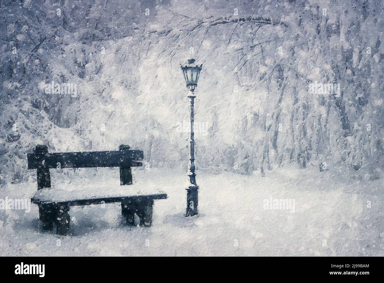 Wintersaison Malerei einer Holzbank und Straßenlampe mit Schnee bedeckt unter einem Schneefall im Park. Wunderbare Urlaubsszene, Weihnachtszauber atmo Stockfoto