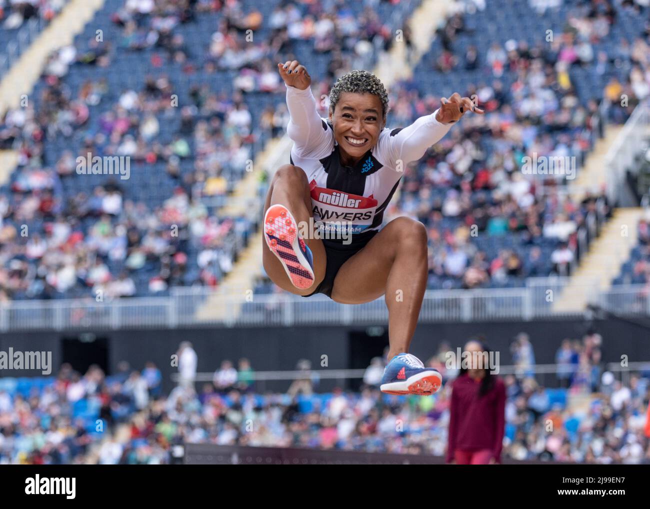 Birmingham, England. 21.. Mai 2022. Jasmin Sawyers (GBR) beim Women’s Long Jump während der Müller Diamond League Leichtathletik-Veranstaltung im Alexander Stadium in Birmingham, England. Kredit: Sporting Pics / Alamy Live Nachrichten Stockfoto