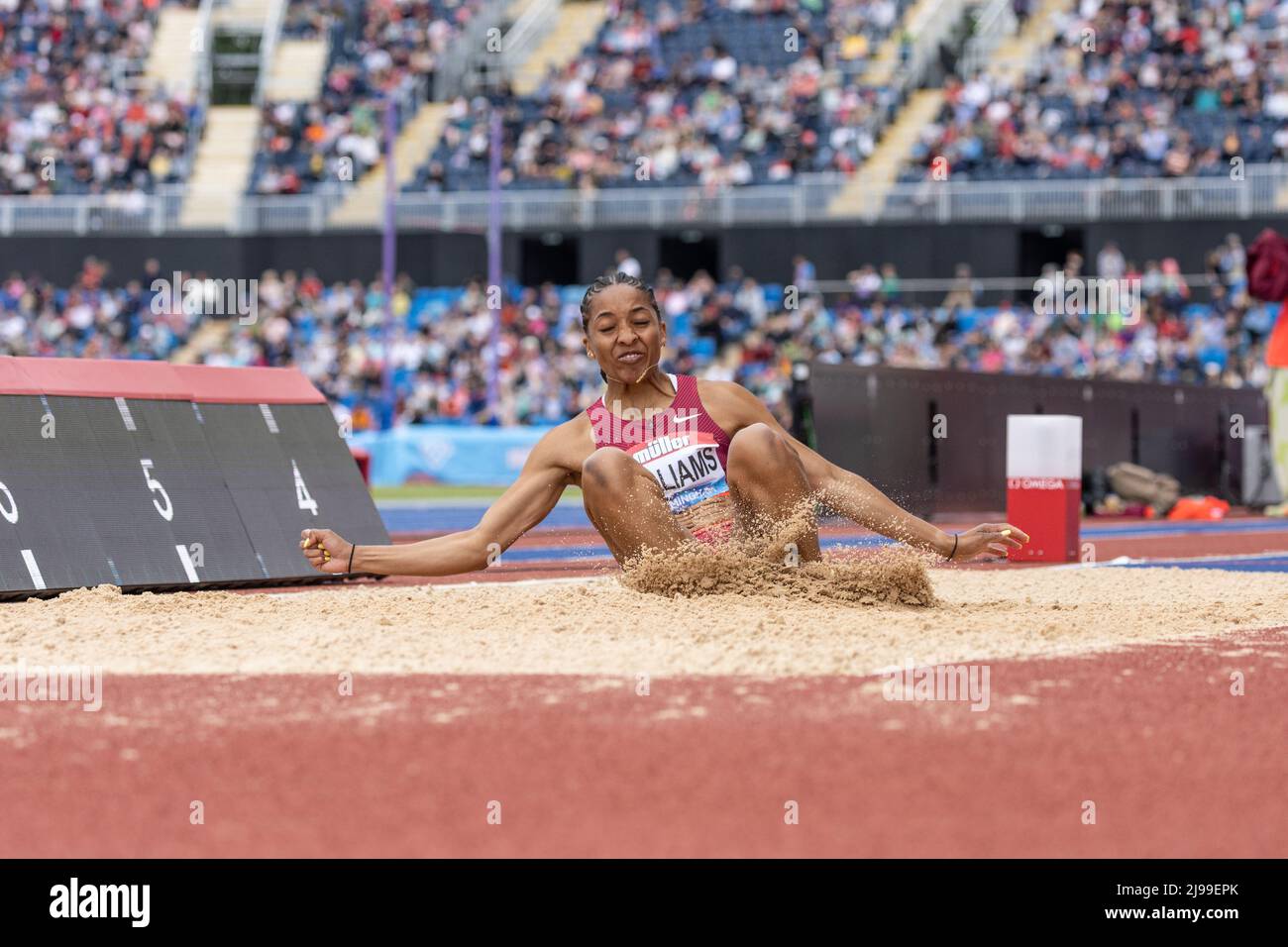 Birmingham, England. 21.. Mai 2022. Kendell Williams (USA) beim Frauen-Weitsprung während der Müller Diamond League Leichtathletik-Veranstaltung im Alexander Stadium in Birmingham, England. Kredit: Sporting Pics / Alamy Live Nachrichten Stockfoto