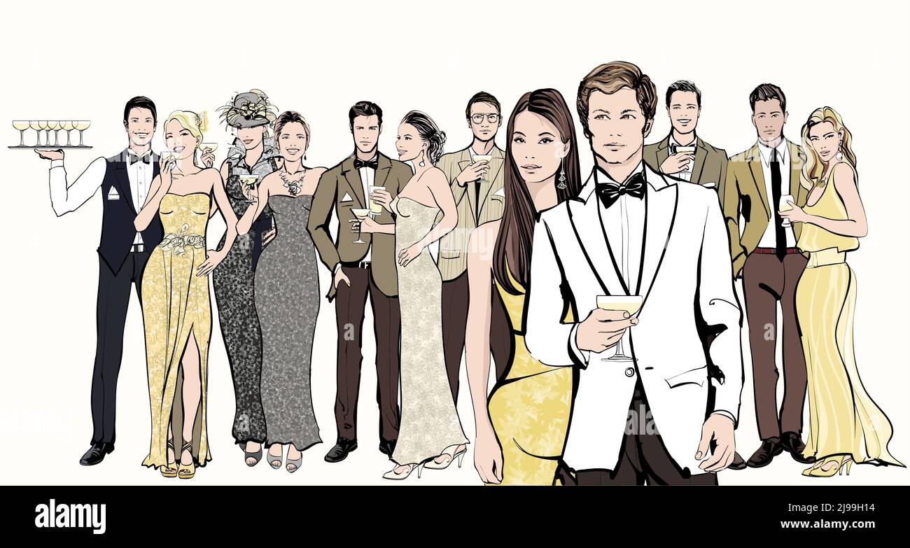 Gruppe von Menschen, die eine Veranstaltung (Hochzeit) oder einen Cocktail in formeller Kleidung feiern - Vektor-Illustration Stock Vektor