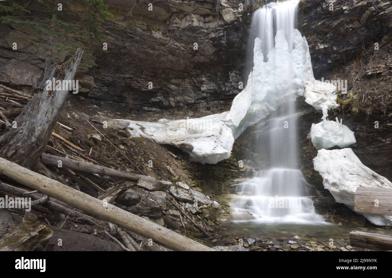 Troll Falls, Schmelztiegel gefrorener Wasserfall-Kaskade in Alberta Kananaskis Country, Canadian Rocky Mountains Stockfoto