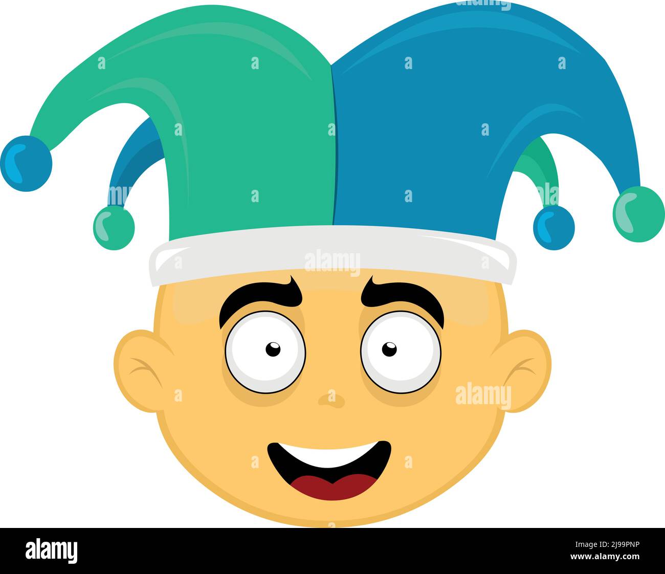 Vektor-Illustration des Gesichts einer gelben Zeichentrickfigur mit einem Narren Harlekin auf dem Kopf Stock Vektor