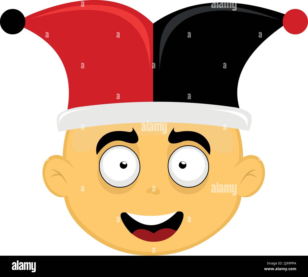 Vektor-Illustration des Gesichts einer gelben Zeichentrickfigur mit einem schwarzen und roten Harlekin-Narrenhut Stock Vektor