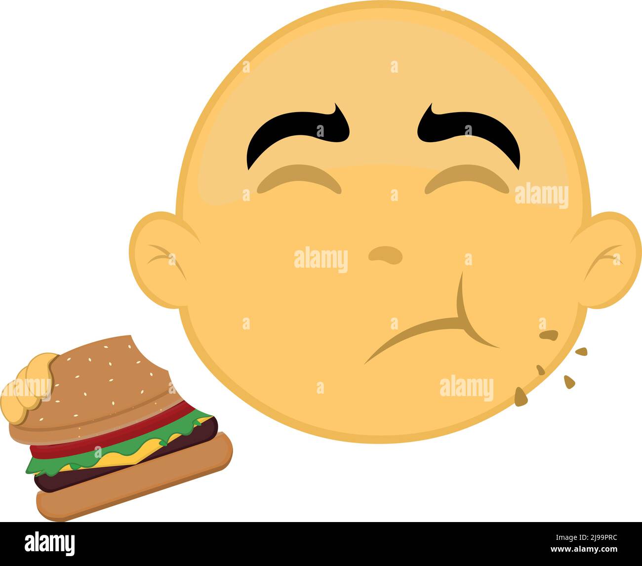 Vektor-Illustration des Gesichts einer gelben und kahlen Zeichentrickfigur, die einen Hamburger isst Stock Vektor