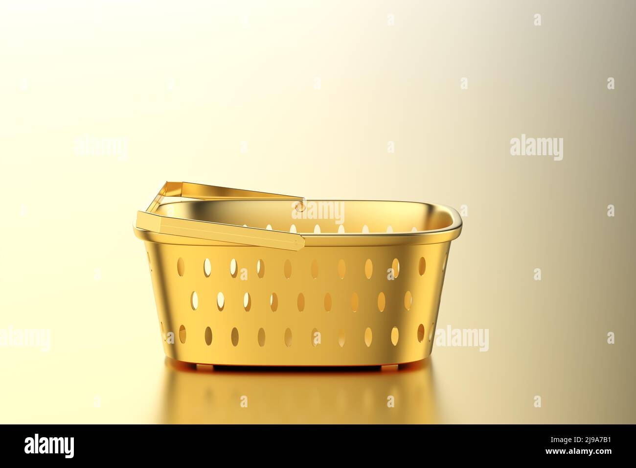 3D Rendering leerer goldener Korb auf goldenem Hintergrund Stockfoto