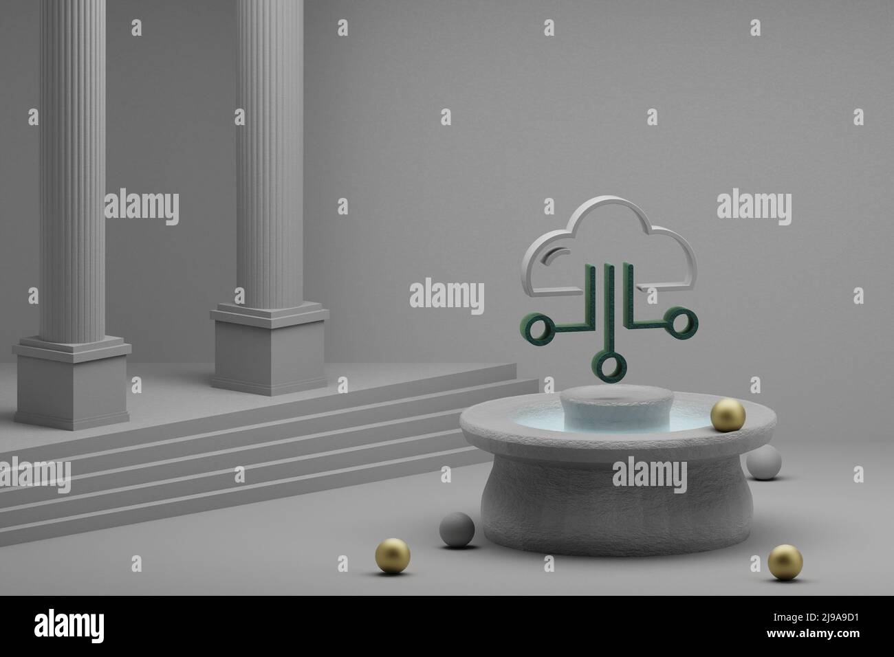 Schöne abstrakte Illustrationen Wolke Symbol auf einem Brunnen und Säule Hintergrund. 3D Rendering-Illustration. Seo Und Business. Stockfoto