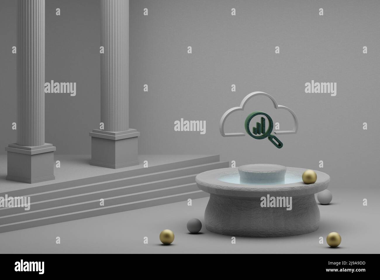 Schöne abstrakte Illustrationen Wolke mit Such-Symbol-Symbol auf einem Brunnen und Säule Hintergrund. 3D Rendering-Illustration. Seo Und Business. Stockfoto