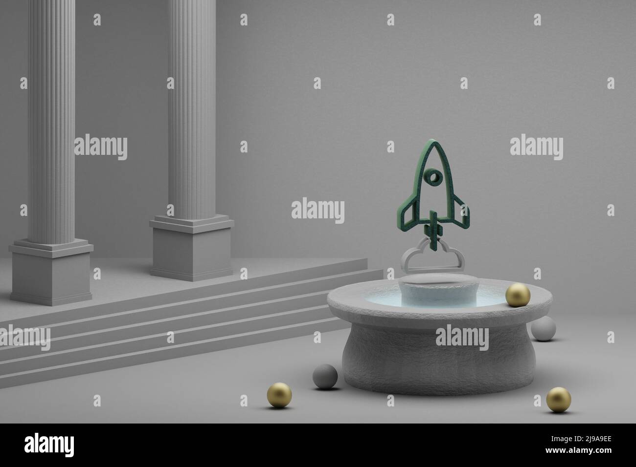 Schöne abstrakte Illustrationen Rakete mit Wolke Symbol auf einem Brunnen und Säule Hintergrund. 3D Rendering-Illustration. Seo Und Business. Stockfoto