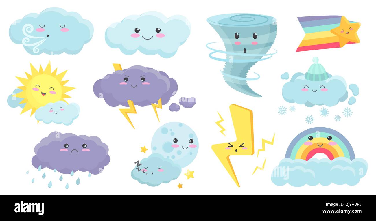Niedliche Wetterzeichen setzen Vektor-Illustration. Cartoon bunten Regenbogen, Regen und Schnee Wolken mit Blitz, Sonne und Mond mit kawaii Gesichter isoliert weiß. Baby Meteorologie, Naturkonzept Stock Vektor