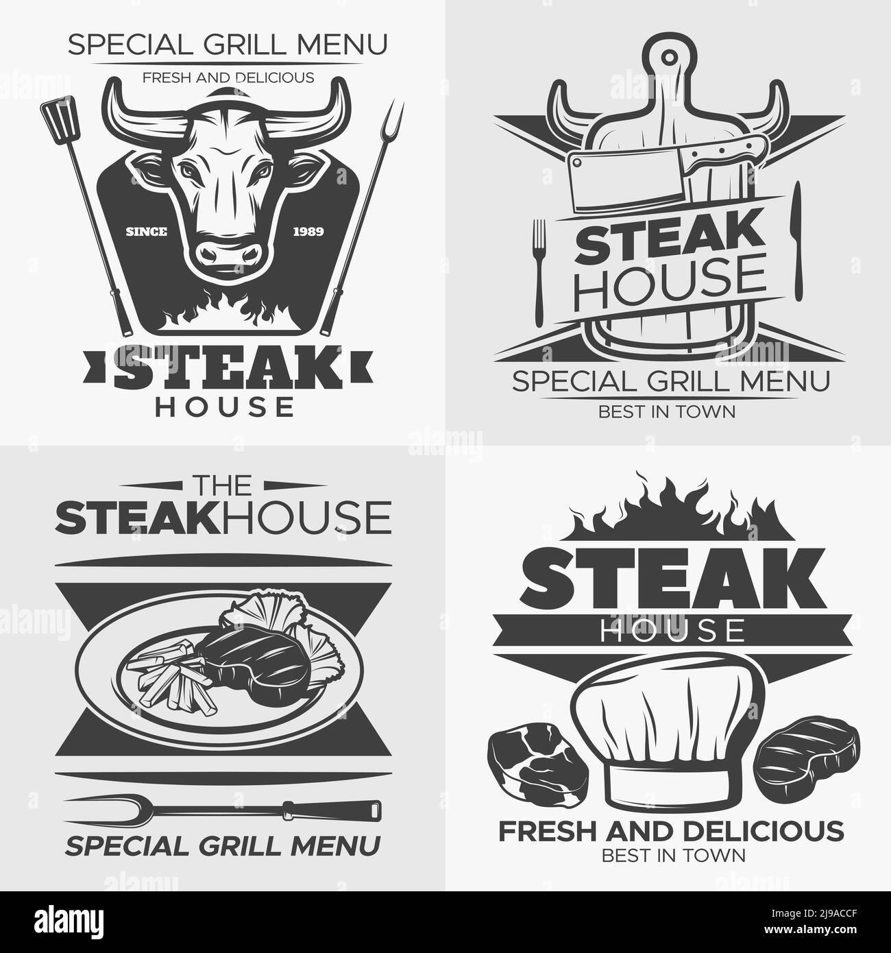 Viereckiges Steak-Emblem-Set mit speziellem Grillmenü frisch Und köstliche Beschreibungen Vektor Illustration Stock Vektor